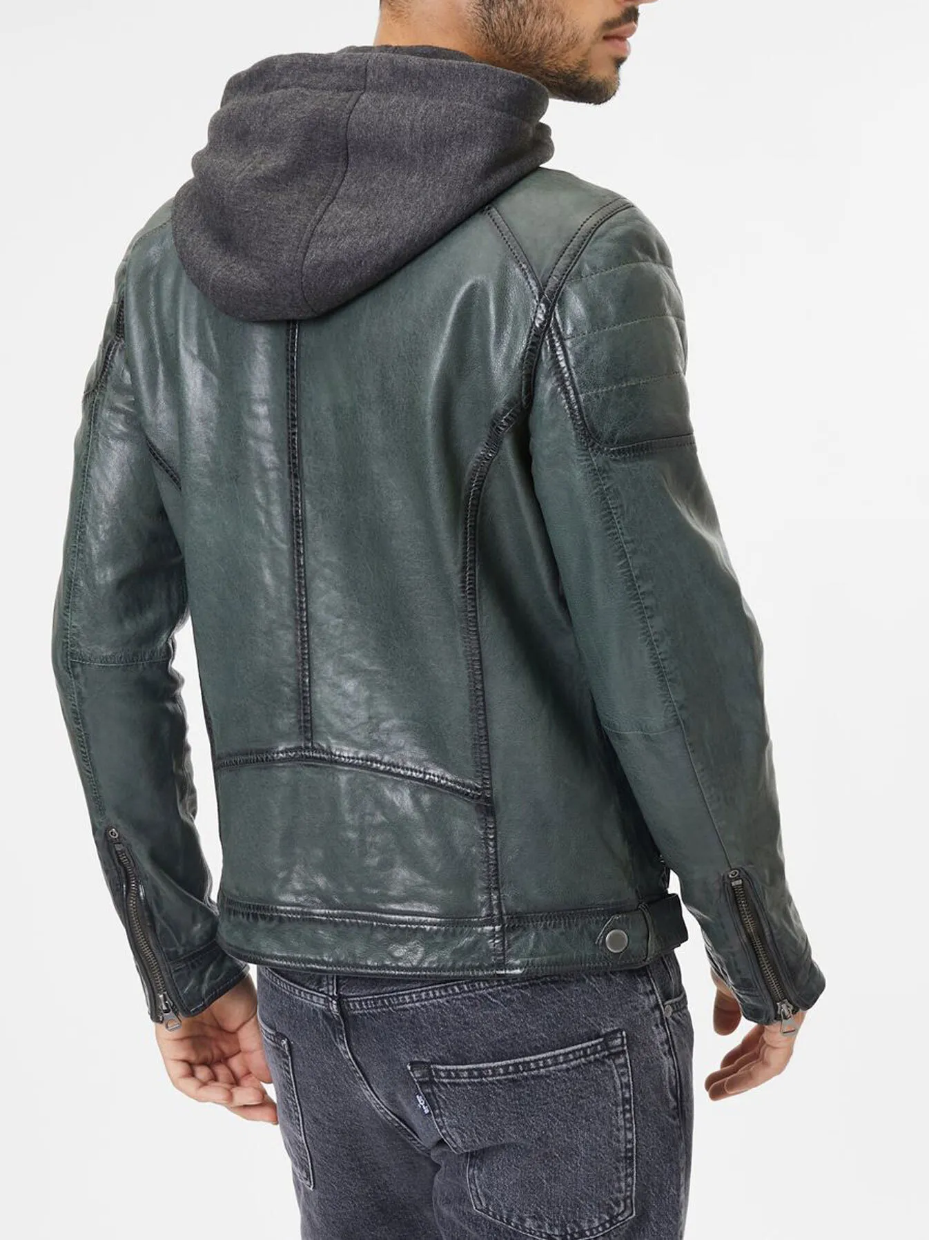 Blouson cuir homme capuche vert