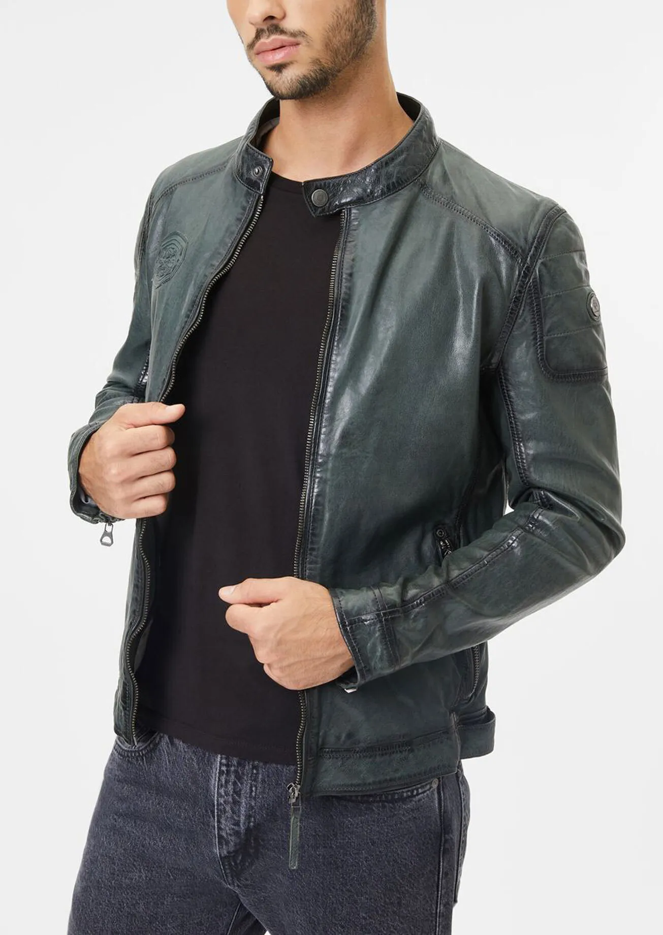 Blouson cuir homme capuche vert