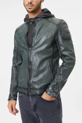 Blouson cuir homme capuche vert