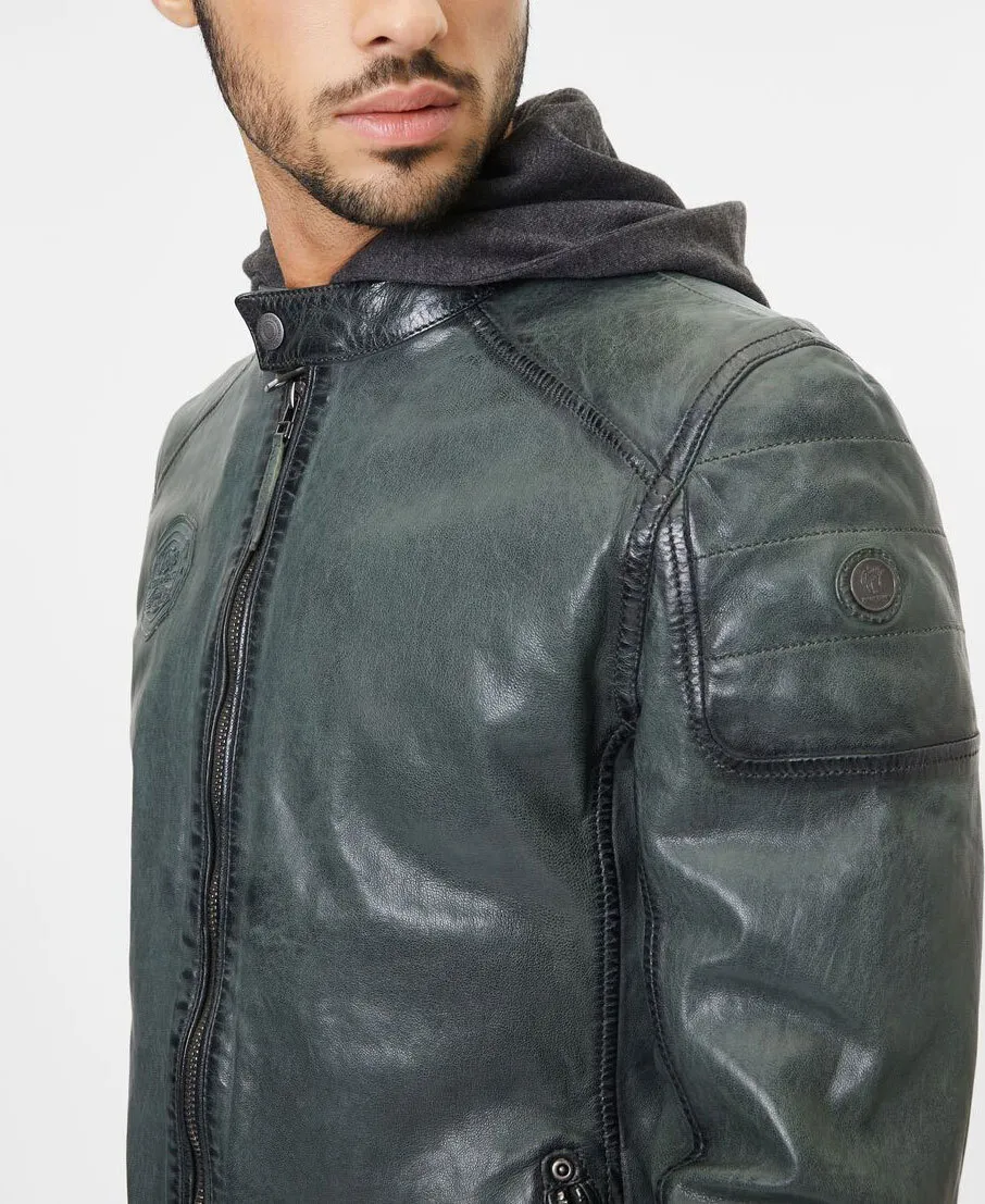 Blouson cuir homme capuche vert