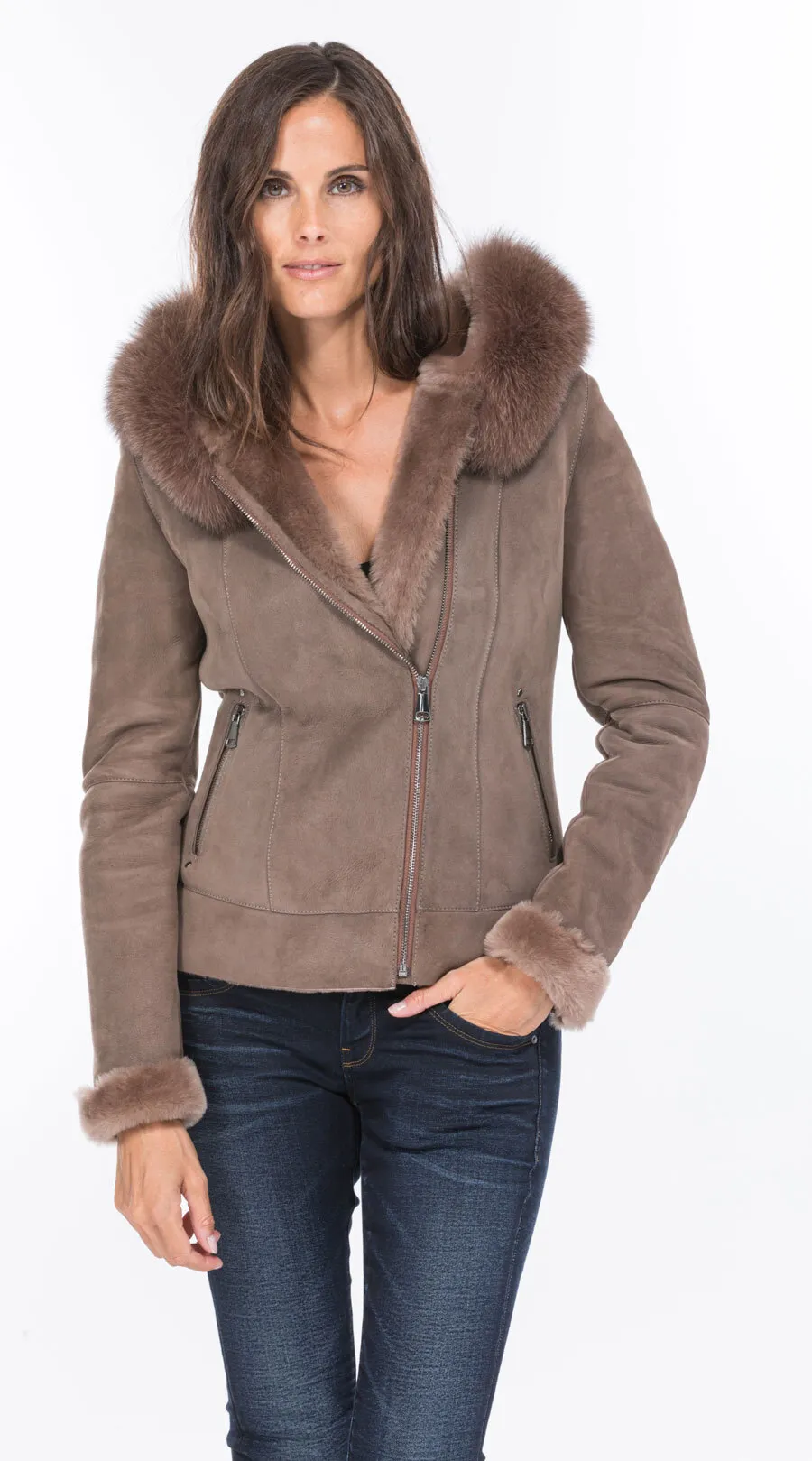 Blouson mouton taupe capuche bordé renard