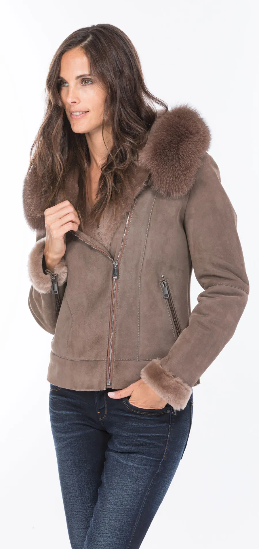 Blouson mouton taupe capuche bordé renard