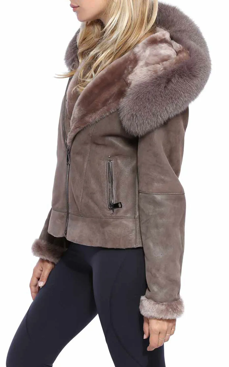 Blouson mouton taupe capuche bordé renard