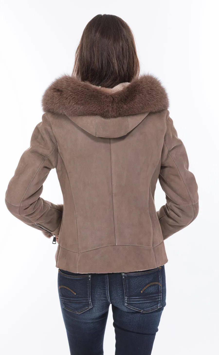 Blouson mouton taupe capuche bordé renard