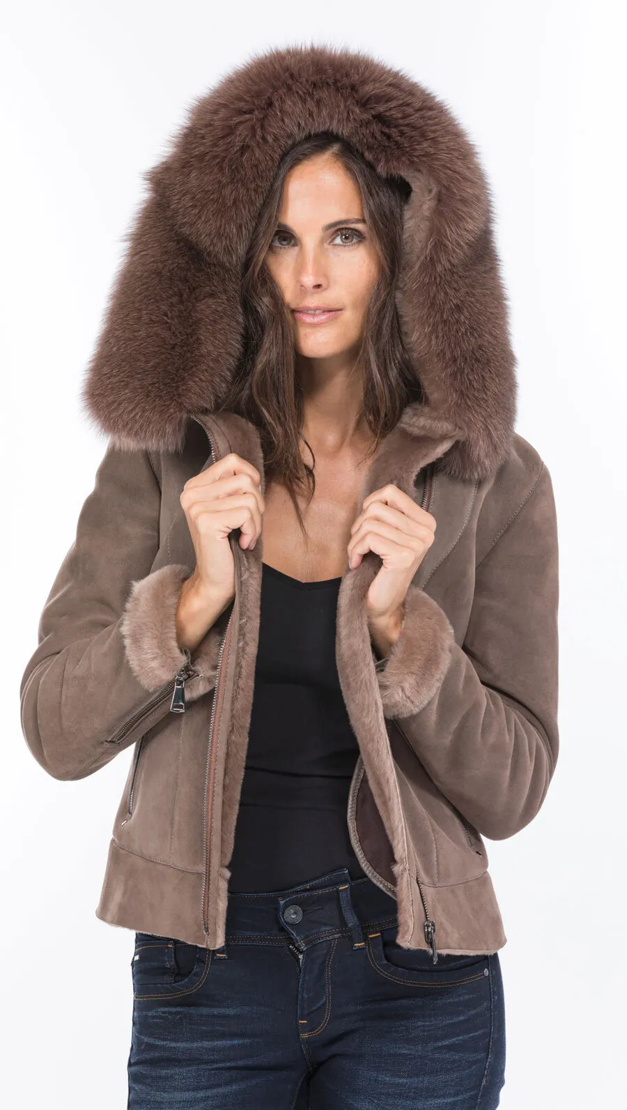 Blouson mouton taupe capuche bordé renard