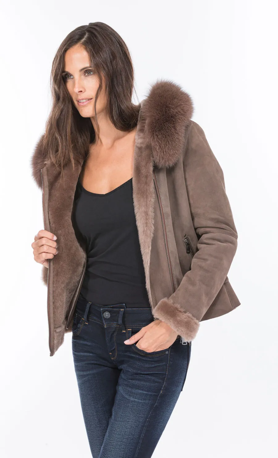 Blouson mouton taupe capuche bordé renard