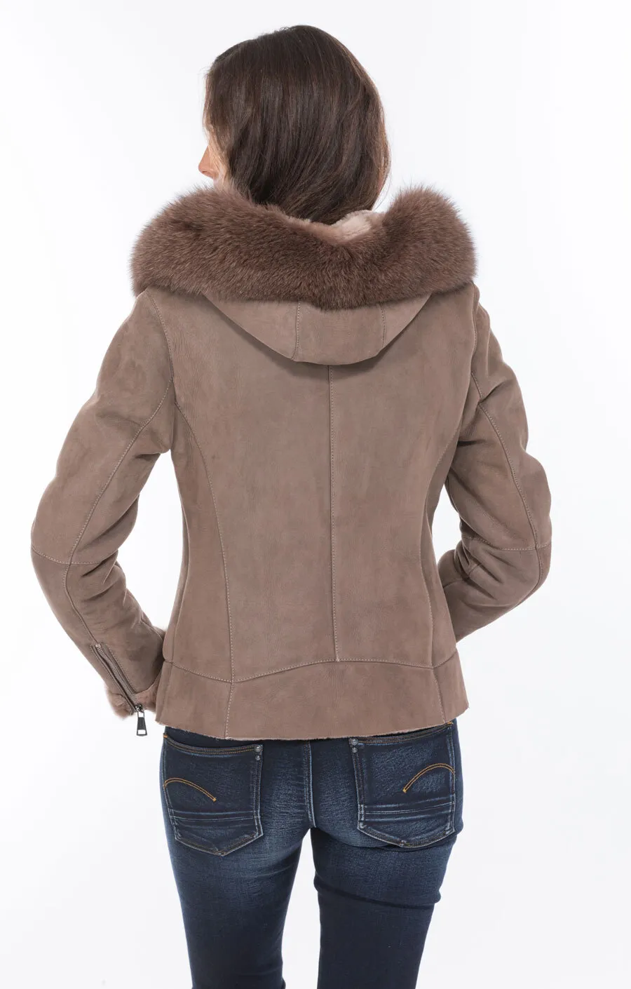 Blouson mouton taupe capuche bordé renard