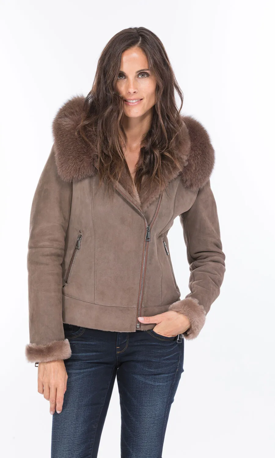 Blouson mouton taupe capuche bordé renard