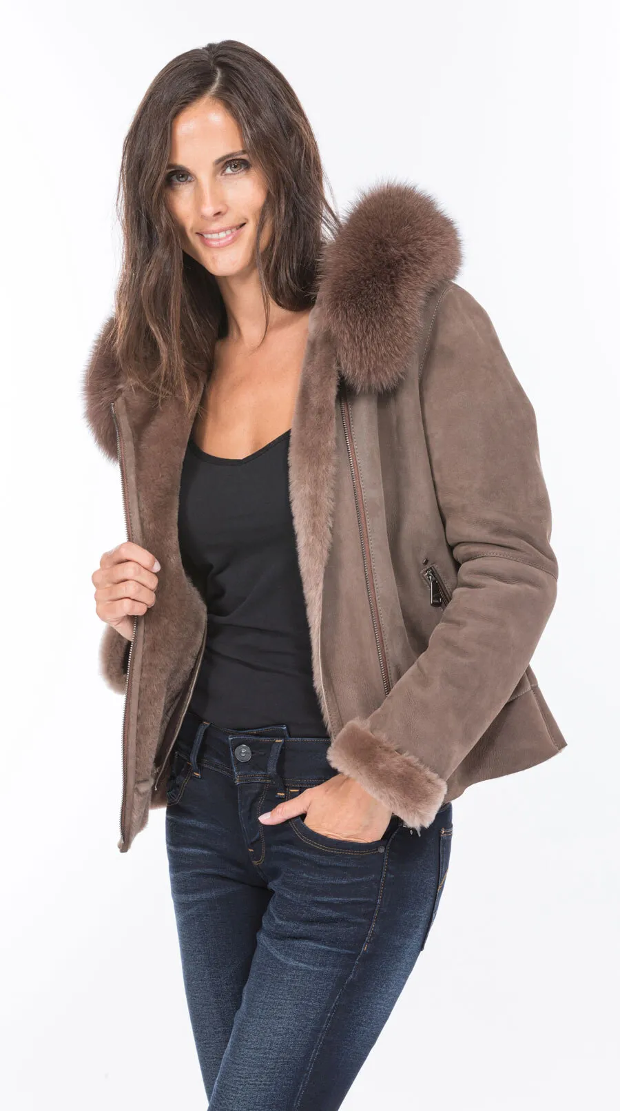 Blouson mouton taupe capuche bordé renard