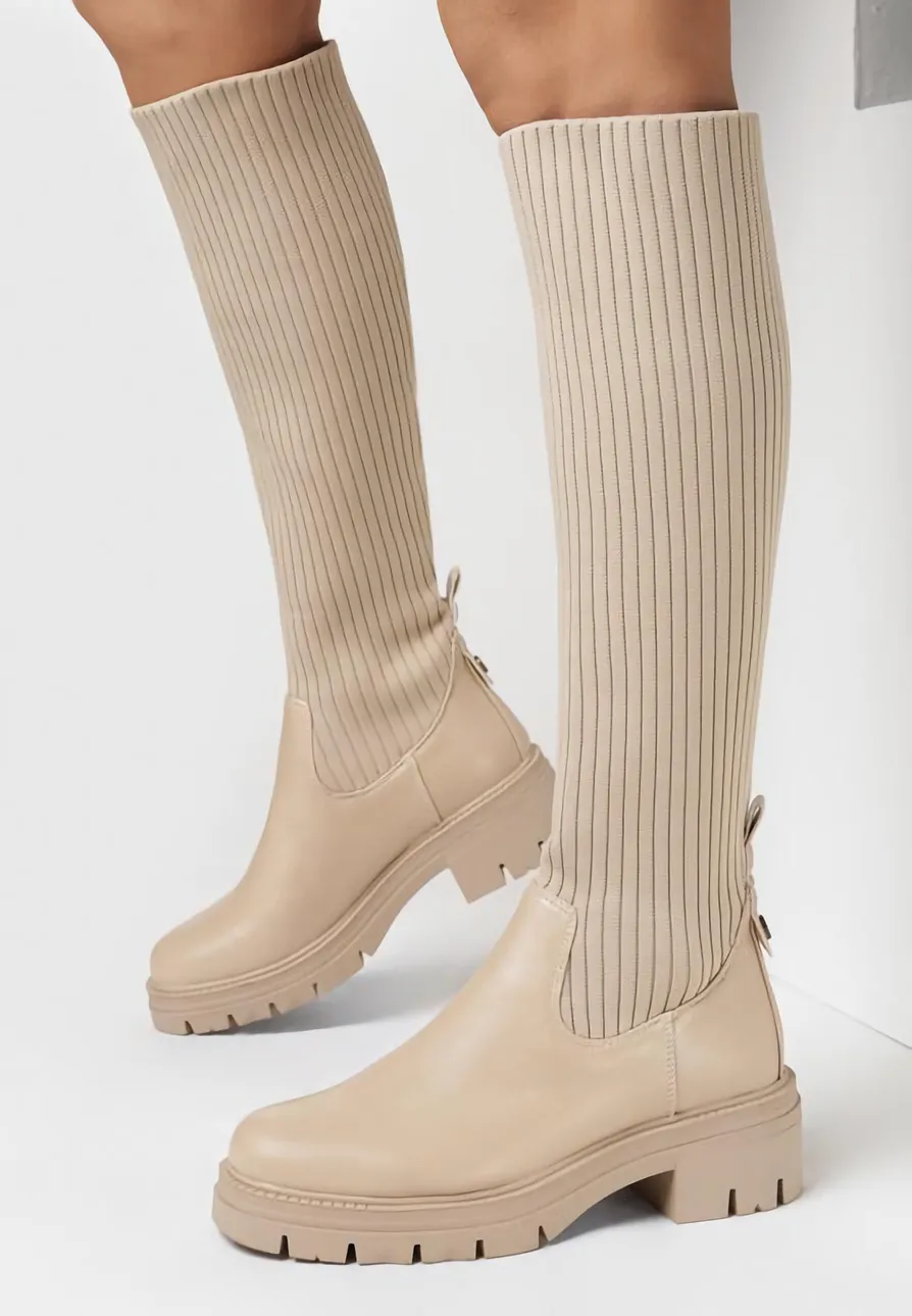 Bottes chaussettes femmes effet cuir Beige, semelle crantée