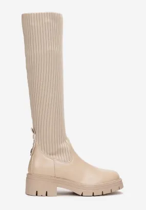 Bottes chaussettes femmes effet cuir Beige, semelle crantée