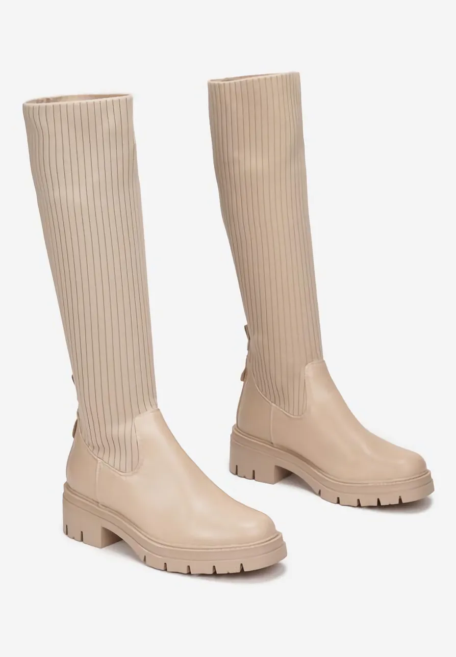 Bottes chaussettes femmes effet cuir Beige, semelle crantée