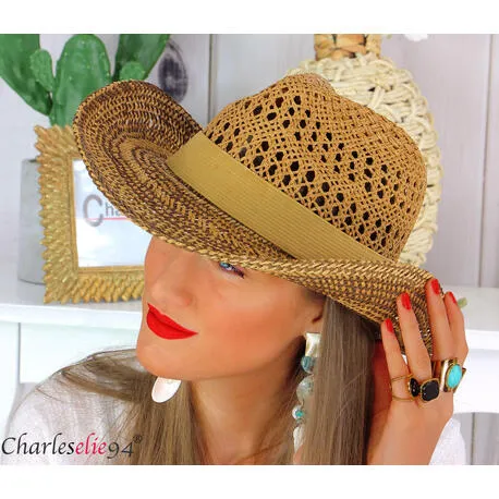 Chapeau HB07 ete  paille fait main country cowboy caramel