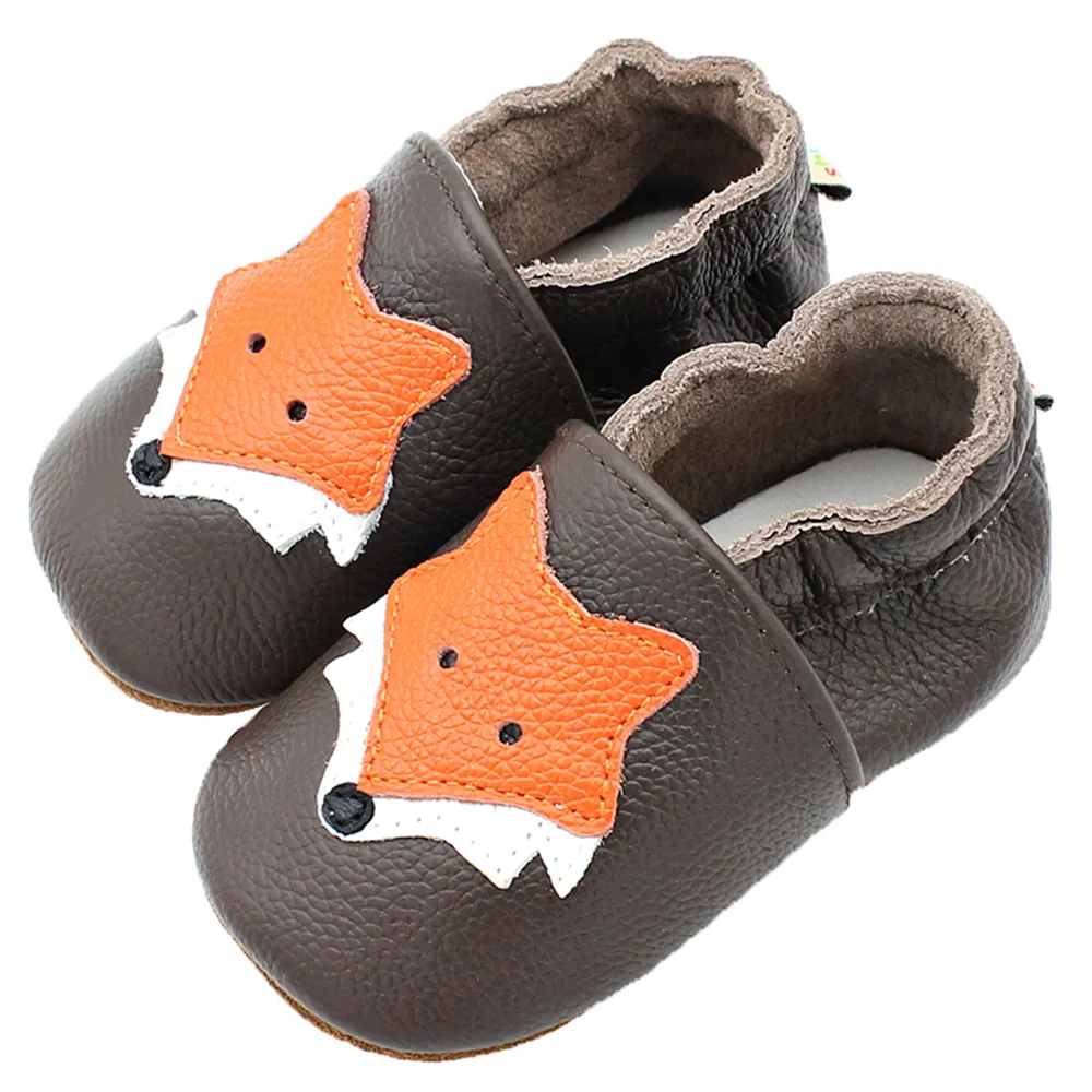 Chausson cuir véritable motif renard pour bébé