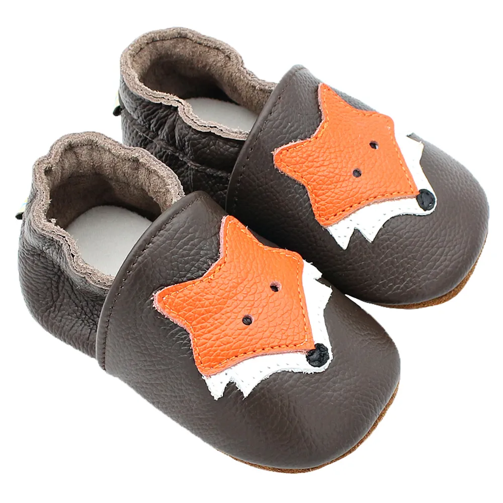 Chausson cuir véritable motif renard pour bébé