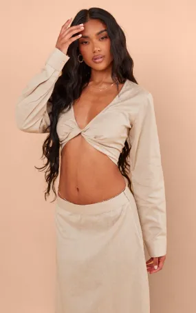 Chemise effet lin taupe torsadée devant