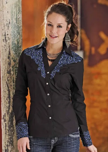 Chemise femme country - Perfect Paisley - noir - broderies strass - chemisier western - PANHANDLE 