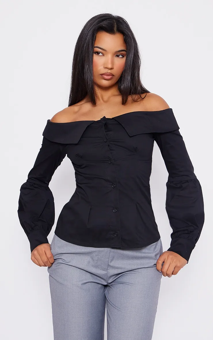 Chemise noire à col bardot replié