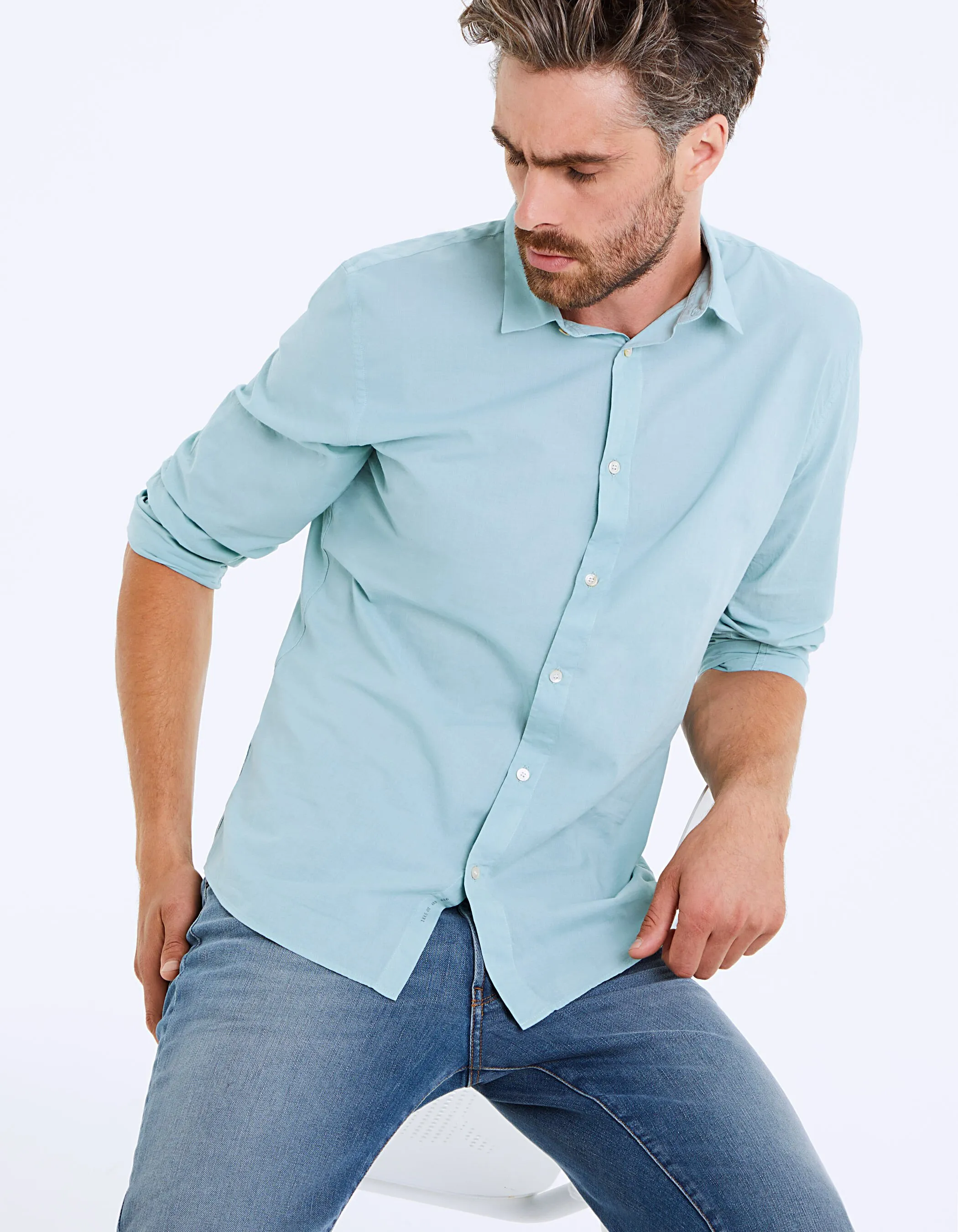 Chemise slim bleu turquoise en voile Homme