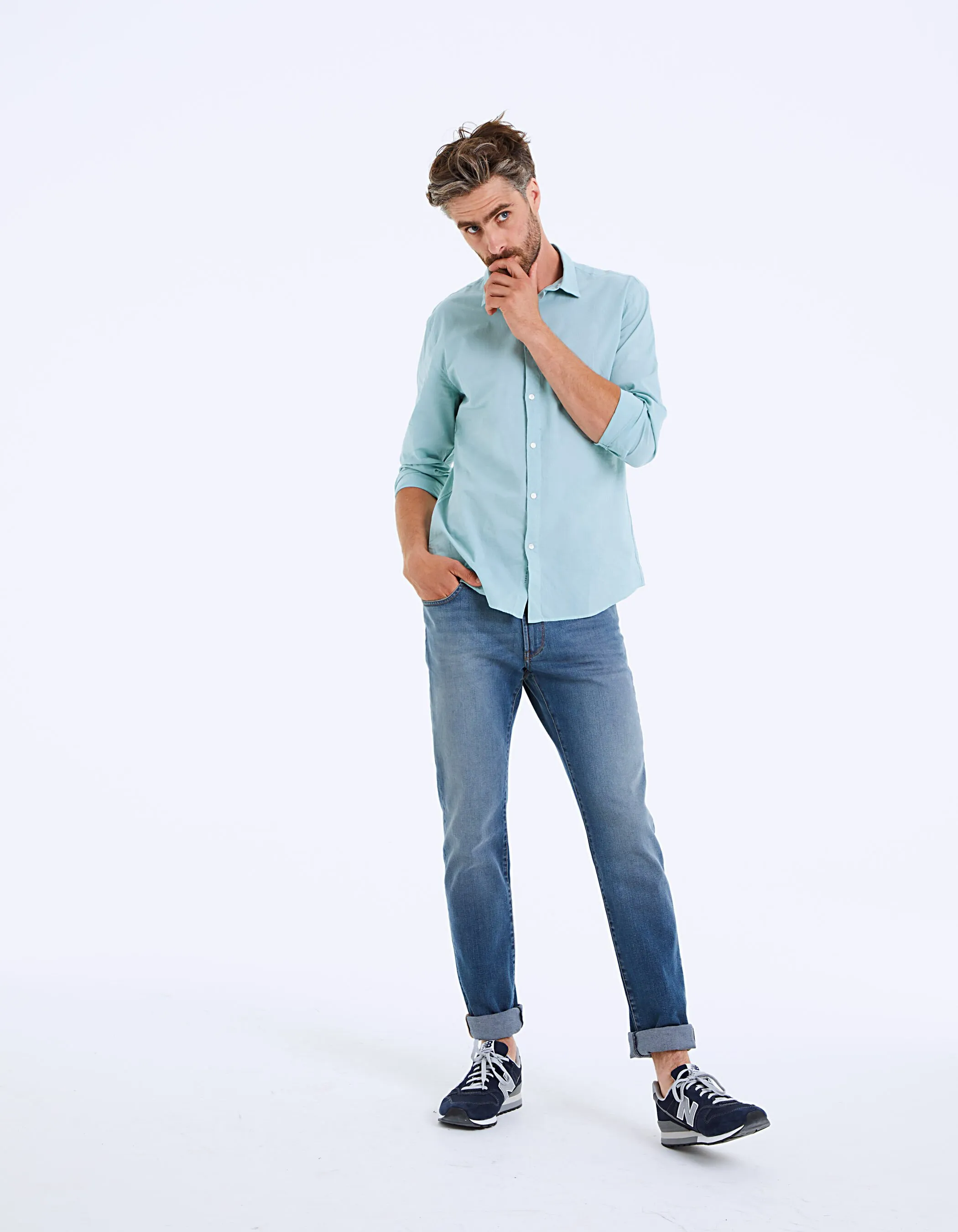 Chemise slim bleu turquoise en voile Homme