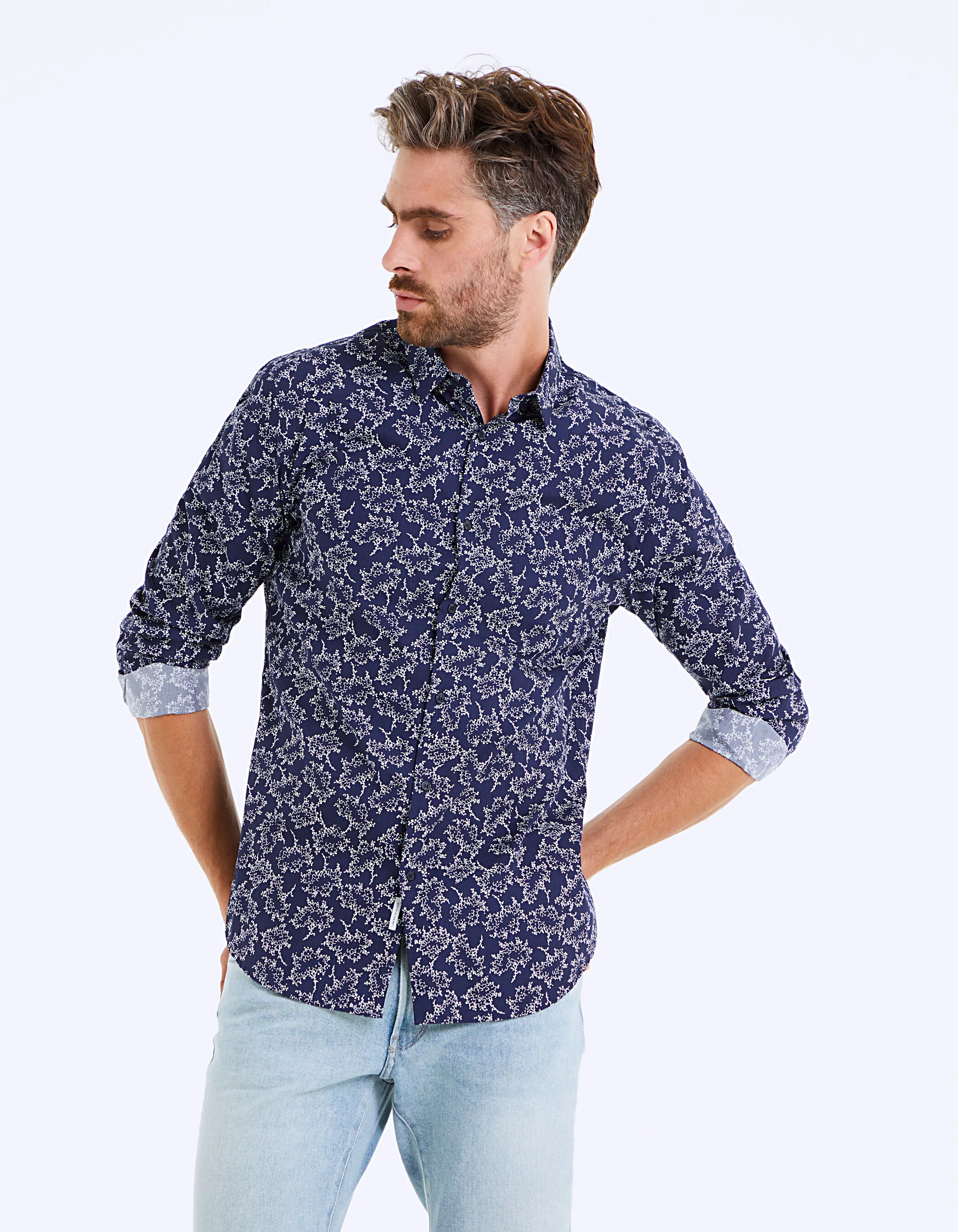 Chemise slim indigo à motif floral Homme