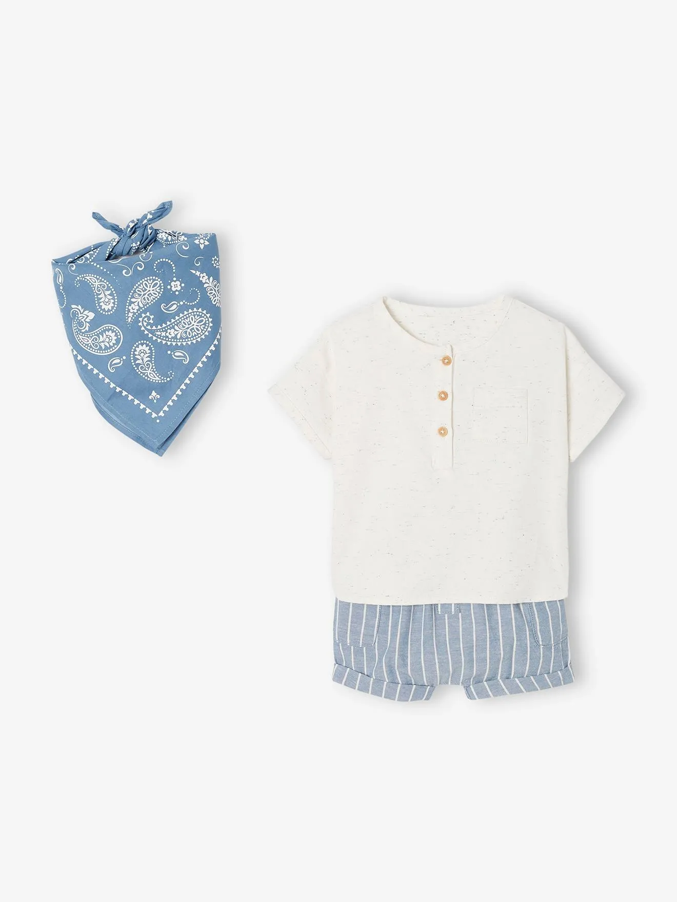 Ensemble bébé chemise + short + bandana bleu - Vertbaudet