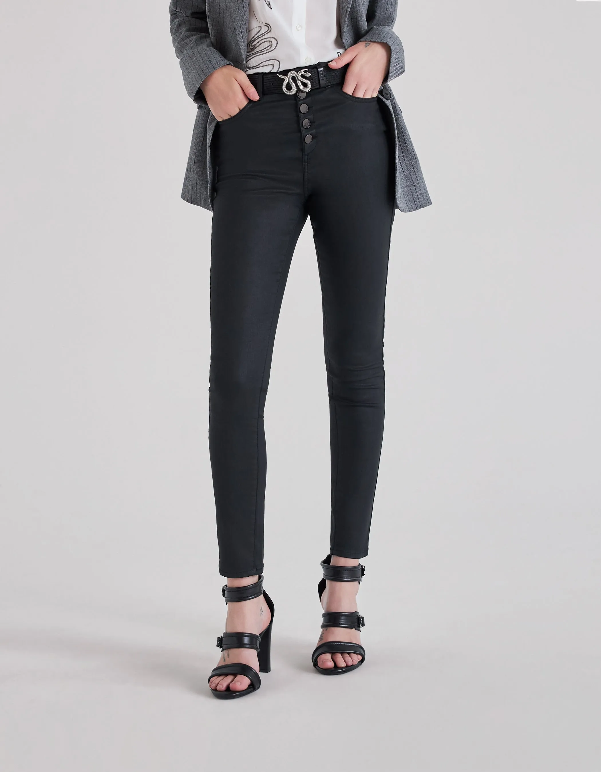 Jean slim noir enduit taille haute Femme