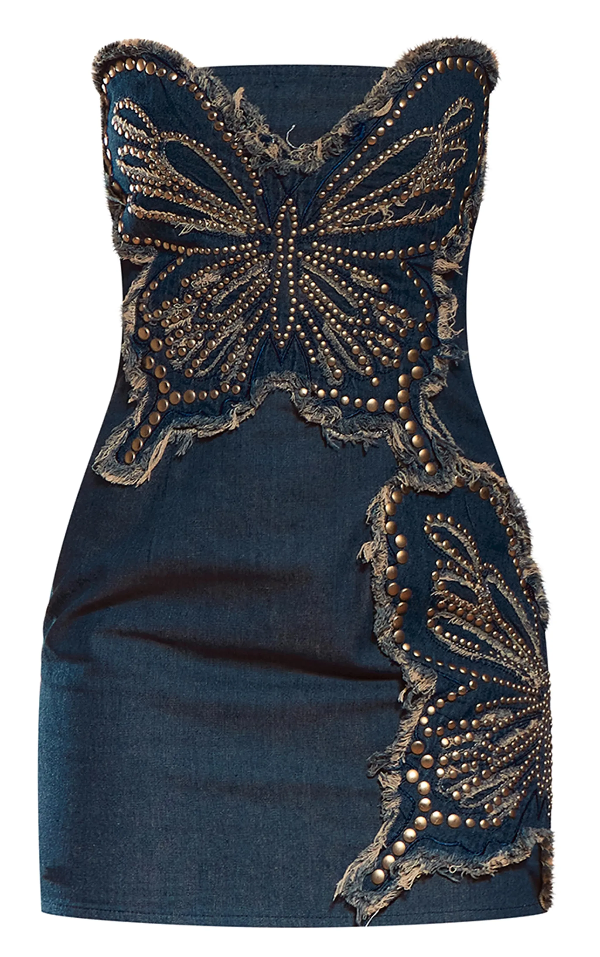 Mini-robe bustier en jean bleu foncé à papillon appliqué