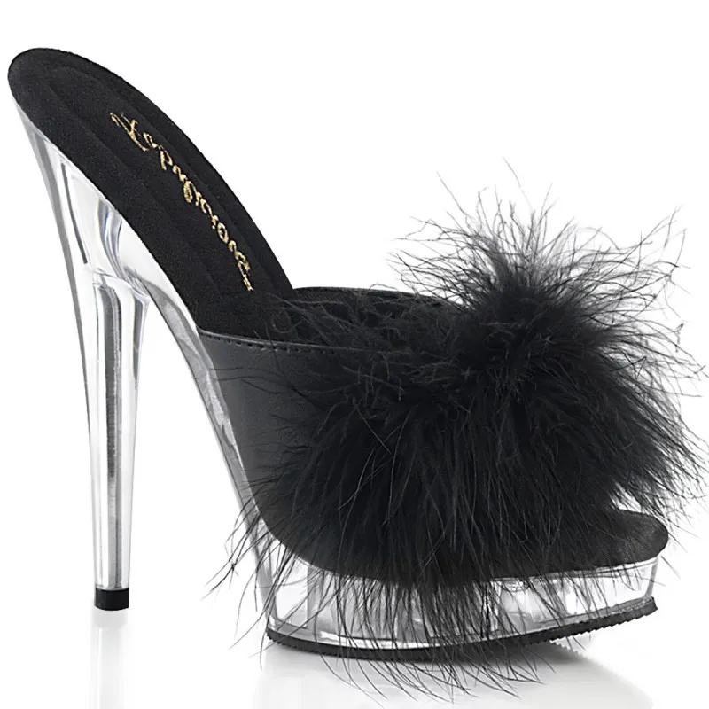 Mules à plumes noires et haut talon plexi 15 cm petite et grande taille