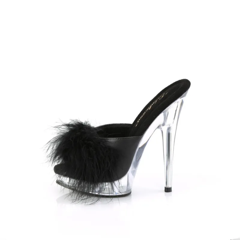 Mules à plumes noires et haut talon plexi 15 cm petite et grande taille