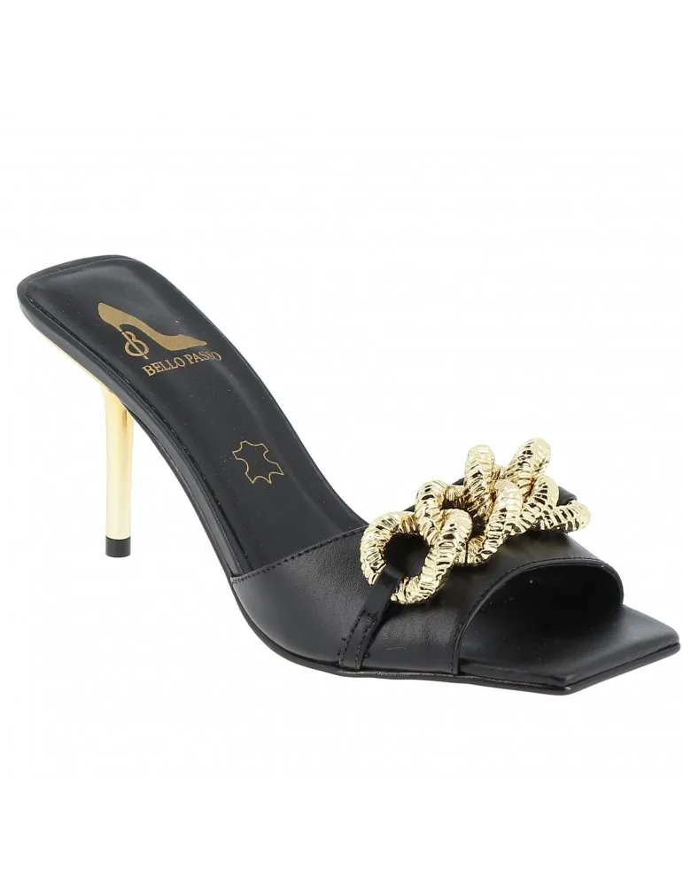 mules à talons insert bijou chaine cuir noir 09 cm