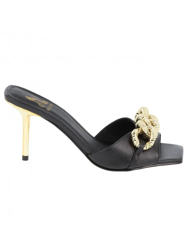 mules à talons insert bijou chaine cuir noir 09 cm