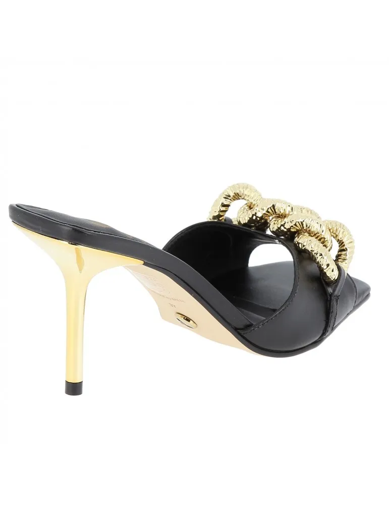 mules à talons insert bijou chaine cuir noir 09 cm