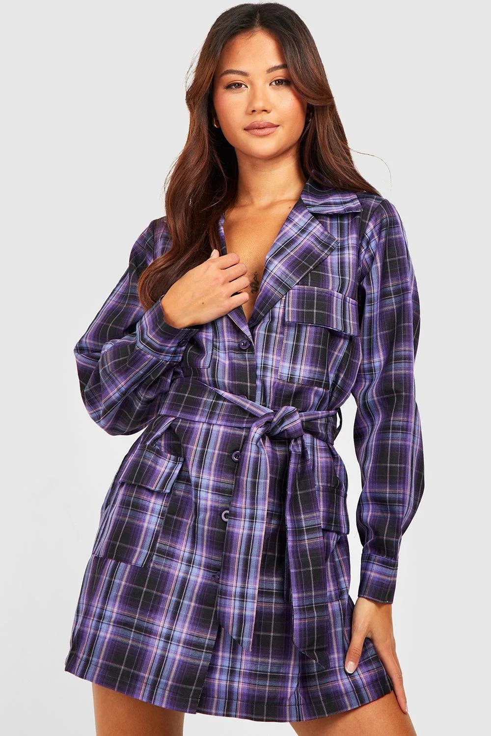 Petite - Robe chemise oversize à carreaux et ceinture