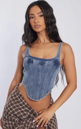 Petite Top corset en jean vintage délavé