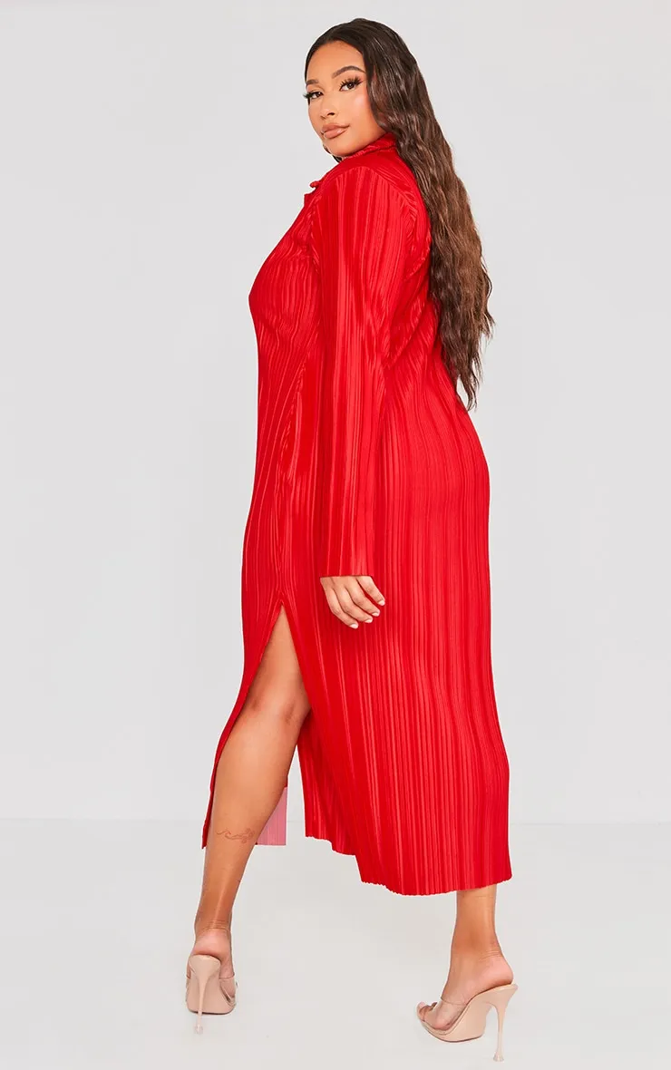 Plus Robe chemise mi-longue rouge oversize plissée