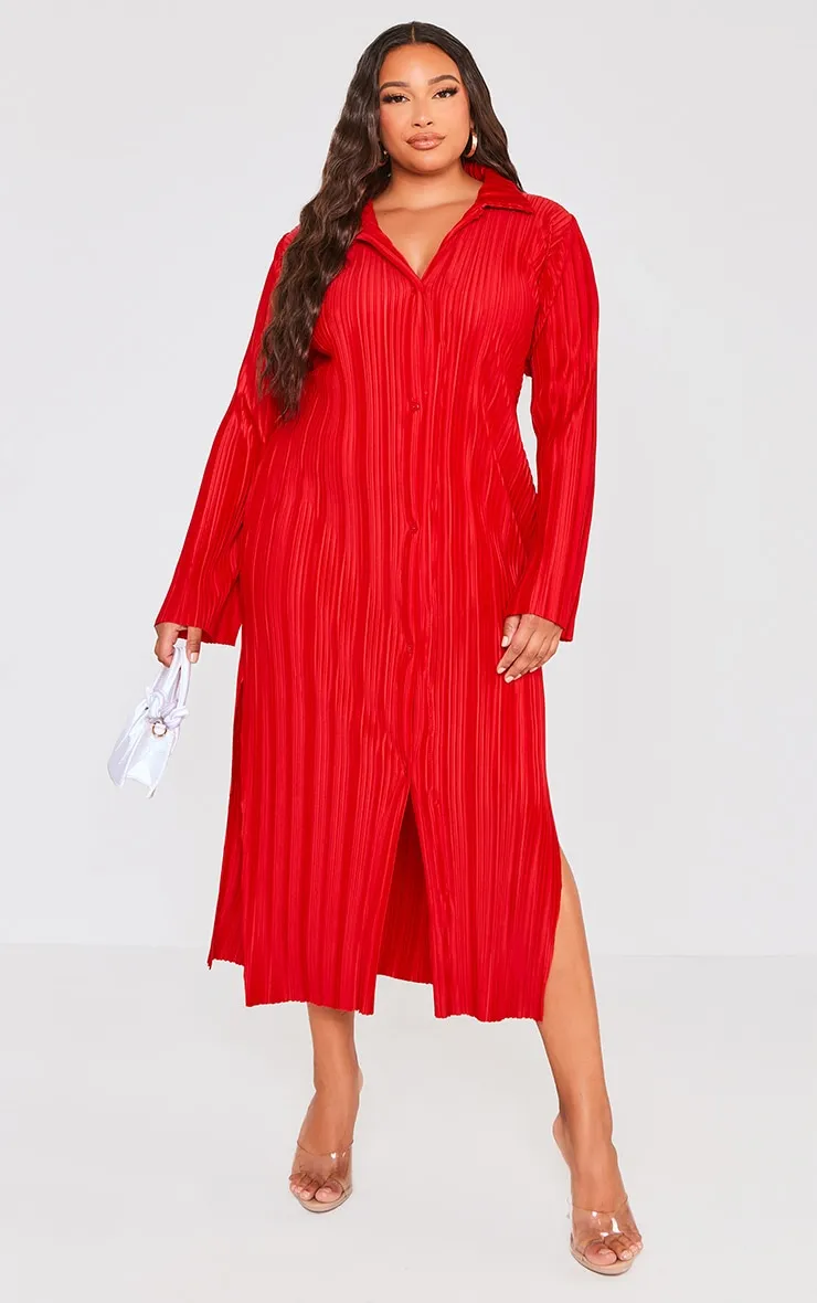 Plus Robe chemise mi-longue rouge oversize plissée