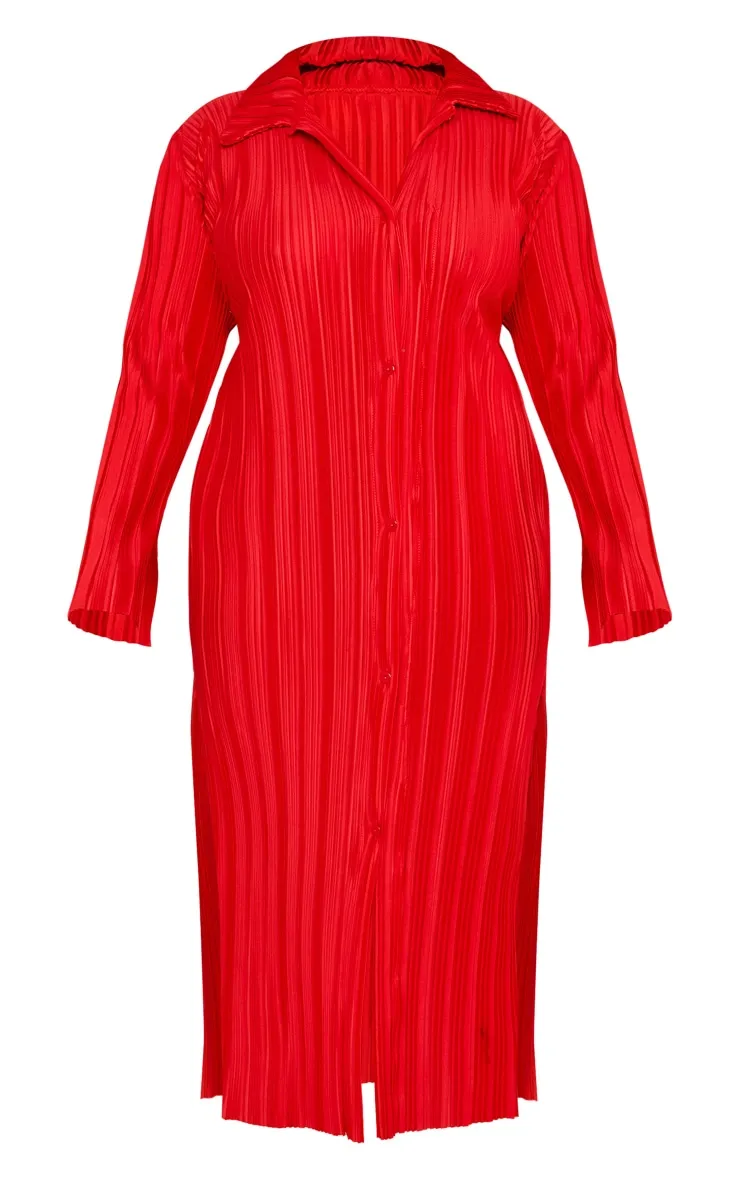 Plus Robe chemise mi-longue rouge oversize plissée