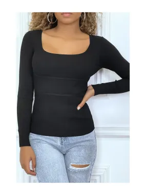 Pull unicolor noir cotelé avec bandes