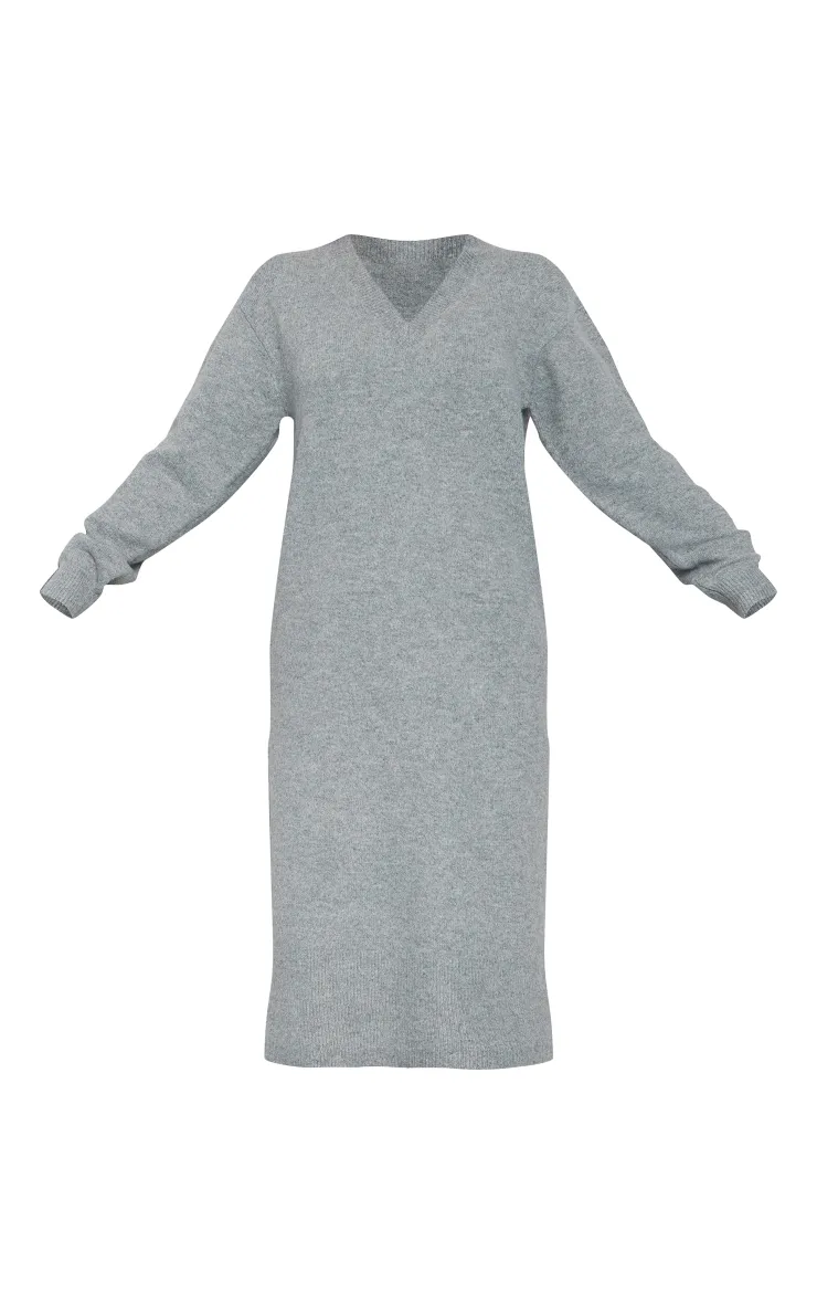 Robe longue oversize ample en maille tricot gris anthracite à col en V