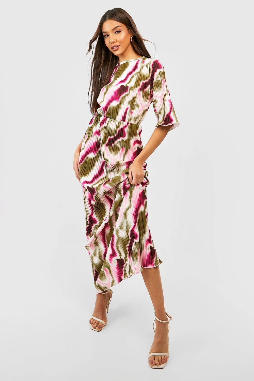 Robe longue oversize plissée à imprimé abstrait