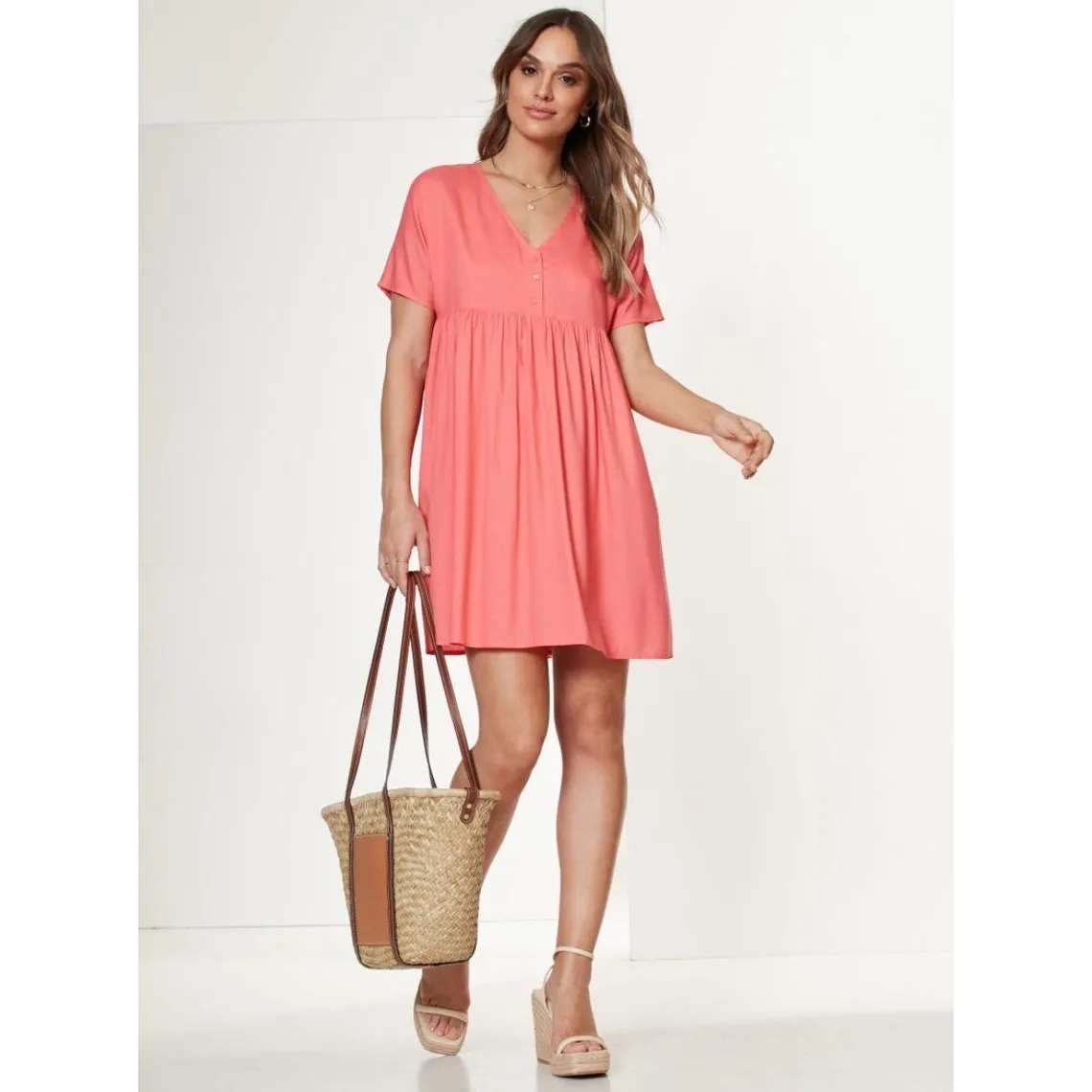 Robe oversize froncée, taille empire corail en viscose | 3 Suisses