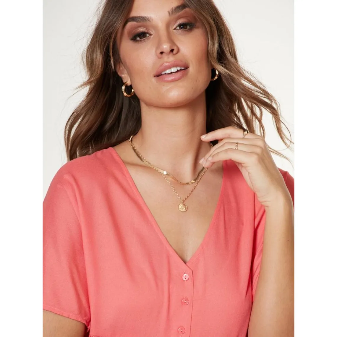 Robe oversize froncée, taille empire corail en viscose | 3 Suisses