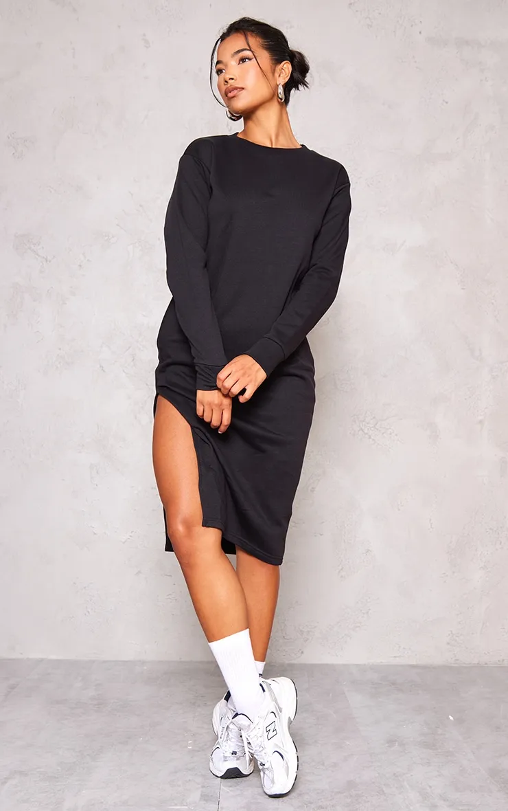 Robe pull mi-longue oversize noire fendue en sweat