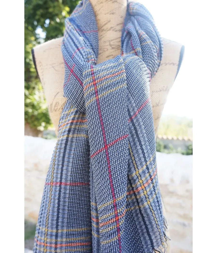 SANTAIA FOULARD ECHARPE XXL PLISSE ECOSSAIS BLEU SPORT CHIC TENDANCE