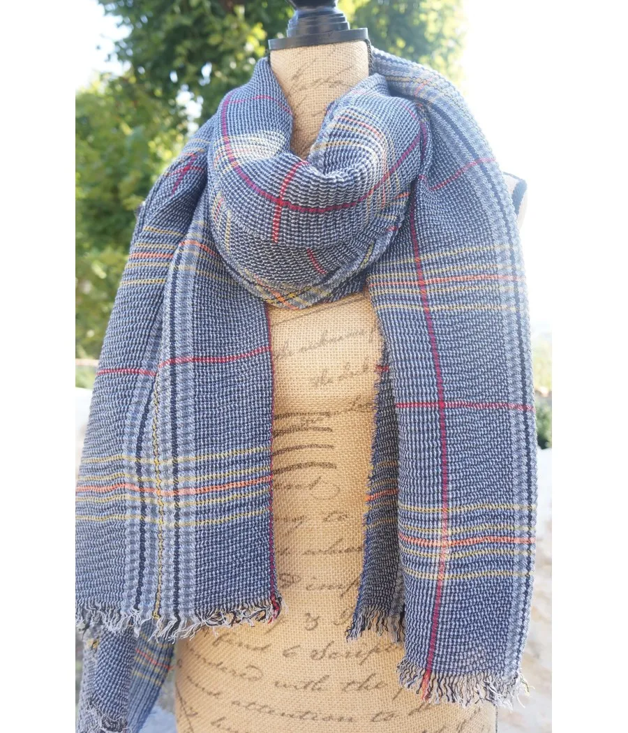 SANTAIA FOULARD ECHARPE XXL PLISSE ECOSSAIS BLEU SPORT CHIC TENDANCE