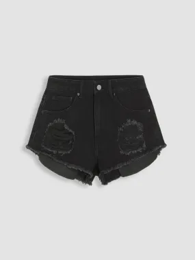  Short en jean uni à ourlet brut et déchiré