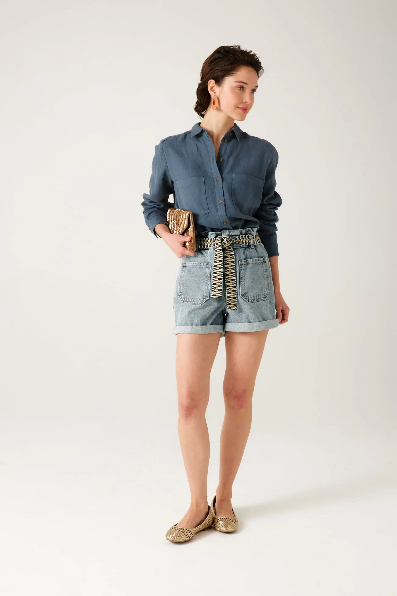 Short taille haute + ceinture - Jean moyen