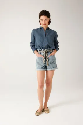 Short taille haute + ceinture - Jean moyen