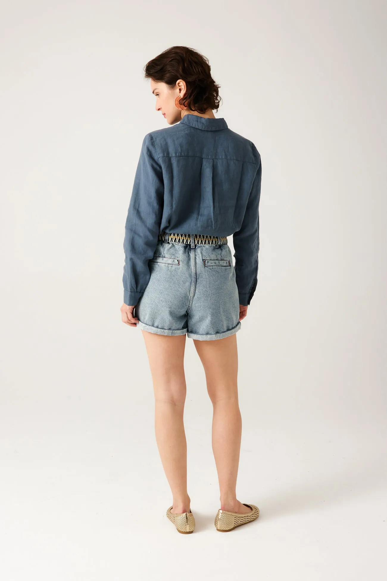 Short taille haute + ceinture - Jean moyen